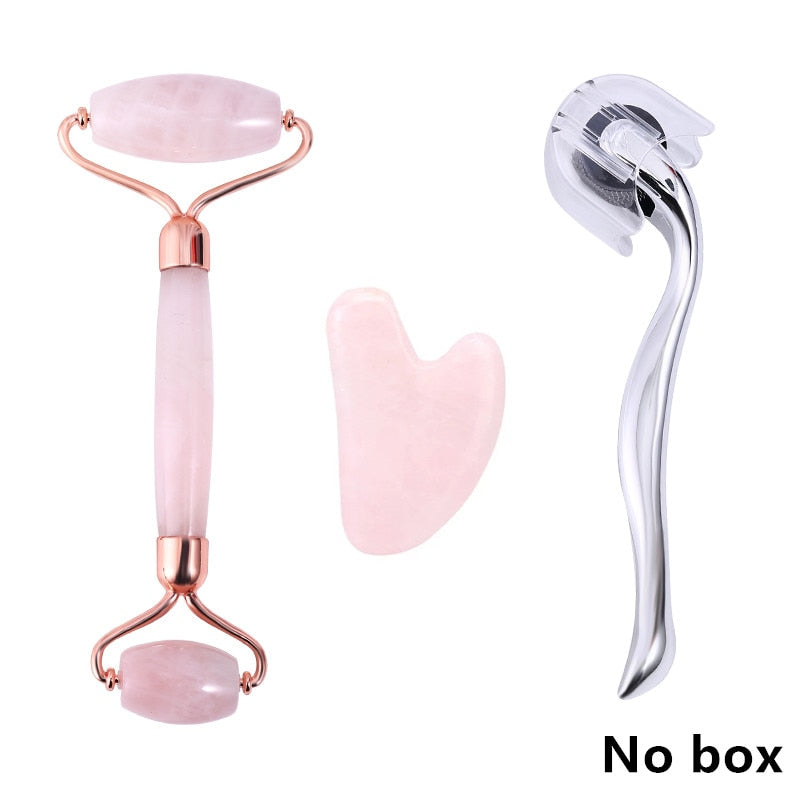 Rose Quartz Roller Massager Tool Natural Stone Facial Massager Jade Roller Microneedle Roller Jade Spatula Skin Care Kit Box