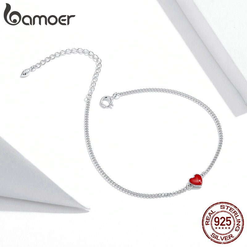 bamoer Authentic 925 Sterling Silver Simple Minimalist Red Heart Chain Bracelet for Women Enamel Statement Fine Jewelry SCB182