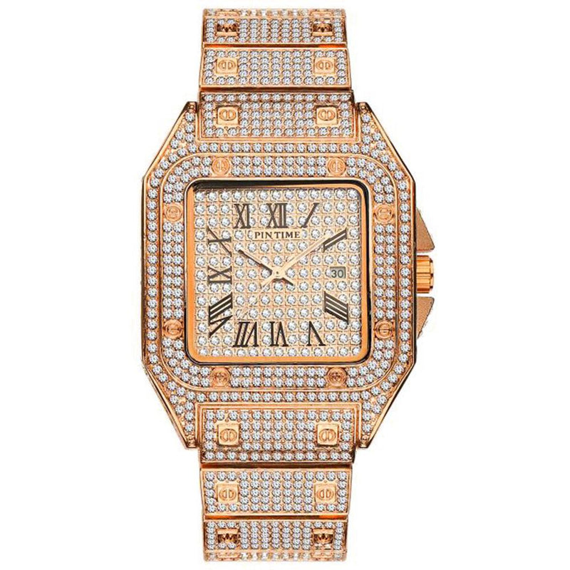 HIP HOP Gold Watch Men Watch Famous Top Brand Luxury Iced Out Male Quartz Watchs Square Diamond Calendar Wristwatch Mens Clock