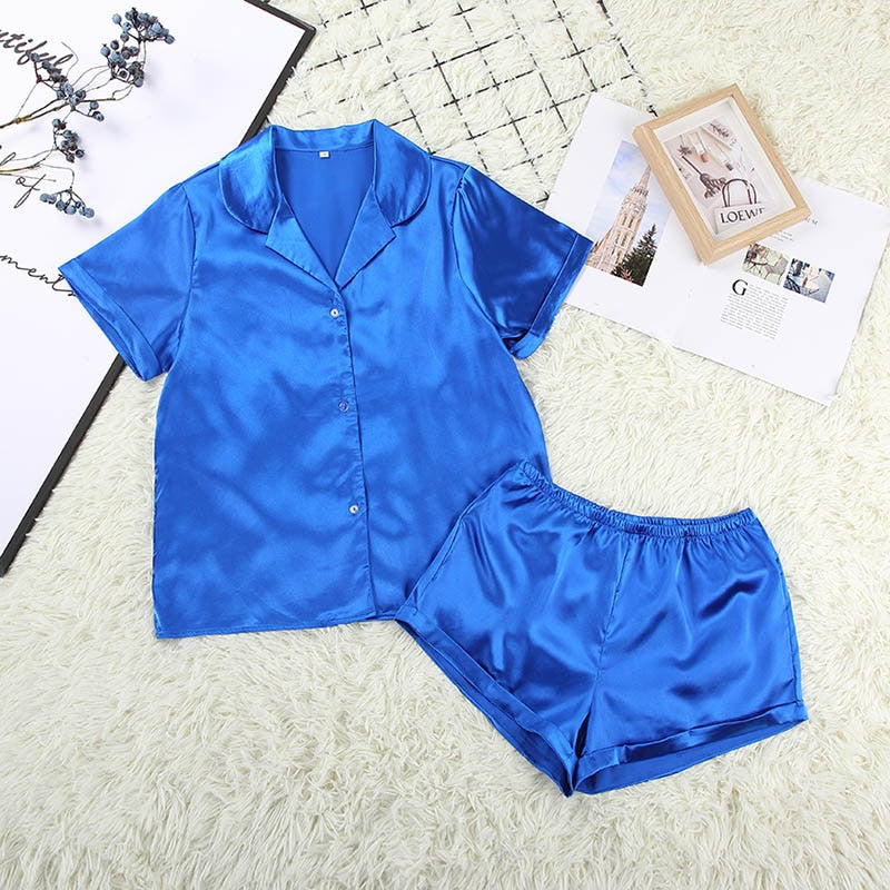 Suphis 5 Colors Satin Nightshirt With Shorts Nightwear Suit Silk Pyjama Short Sleeve Casual Pajama Sets Women Sleepwear Summer