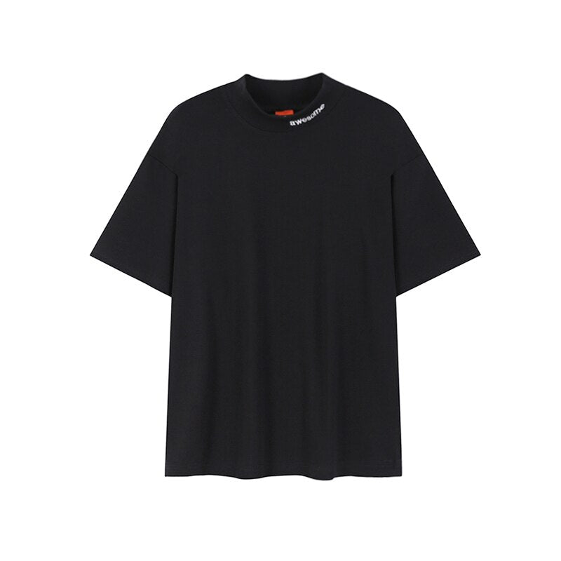 Letter Embroidered Black T-shirt Men Korean Loose Half Turtleneck Tees Boy 2022