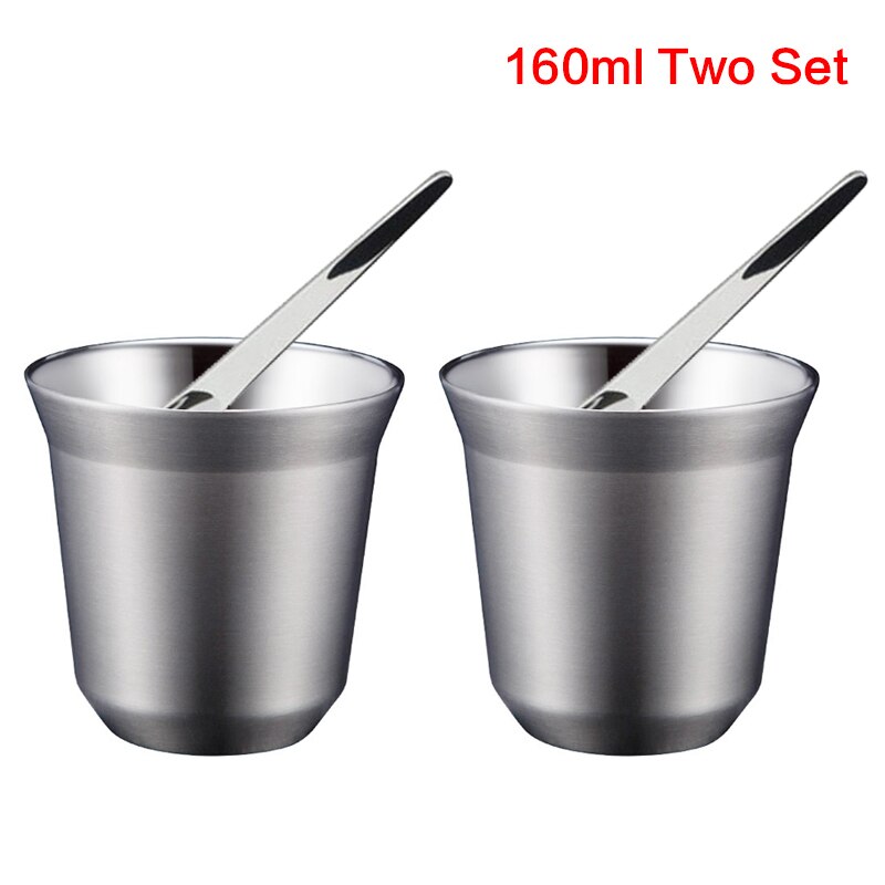 Stainless Steel Espresso Cups Set of 2 - Double Wall Insulated Metal Espresso Cups Travel Espresso Cup Glass Sets With Spoon