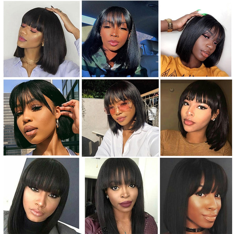 Tinashe Beauty Short Bob Wig With Bangs Pixie Cut Brazilian Human Hair Wigs Remy Full Manchine Cheap Red Brown Wigs For Women