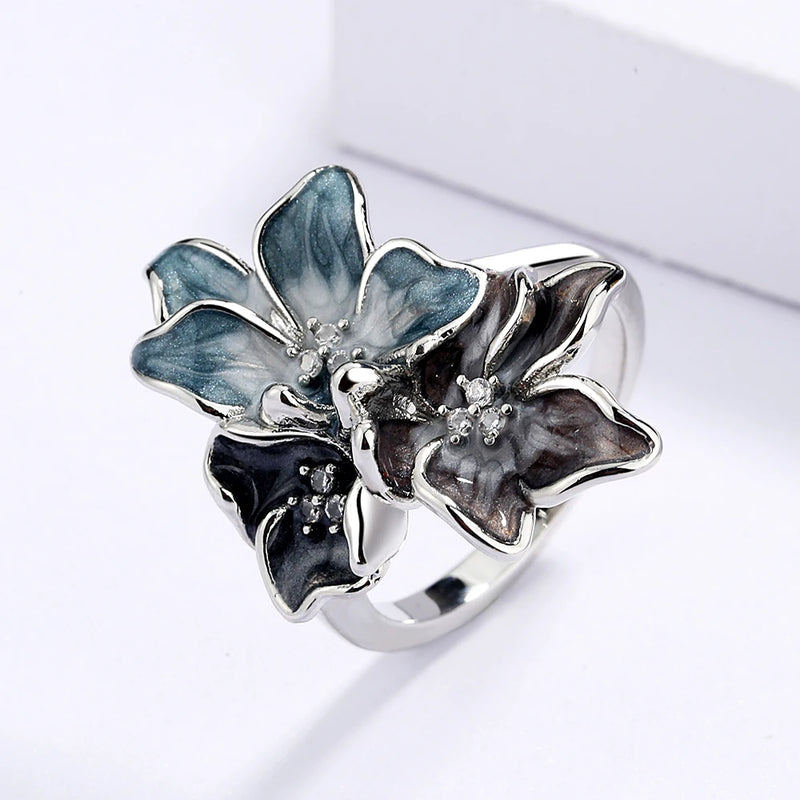 2021 Newest Creative Handmade Epoxy Enamel Blue Flower Ring For Ladies Party Birthday Wedding Jewelry Gift
