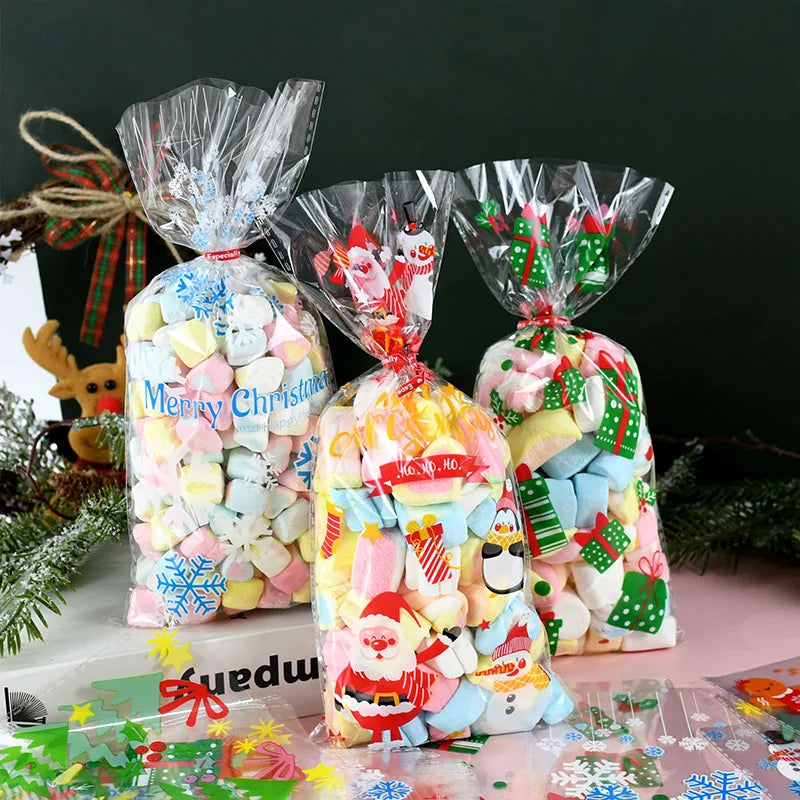 100Pcs Christmas Transparent Plastic Bags for Candy Lollipop Cookie Packaging Cellophane Bag Christmas Wedding Birthday Gift Bag