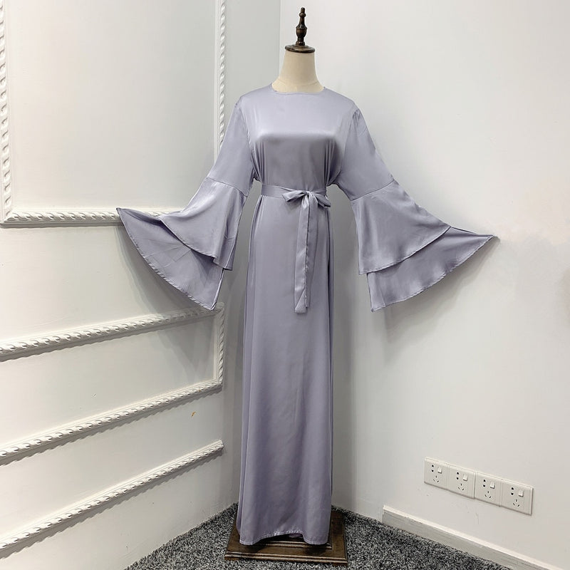 Soft Satin Long Dress Dubai Abaya Women Summer Long Flare Sleeve Belted Hijab Robe Muslim Islam Arab Turkey Clothes Ramadan