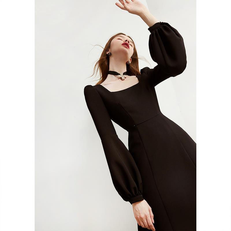 Black Retro Split Dress Women Elegant Midi Designer Dress Female Long Sleeve Hepburn Style Chiffon Vintage Dress Fall 2020 Women