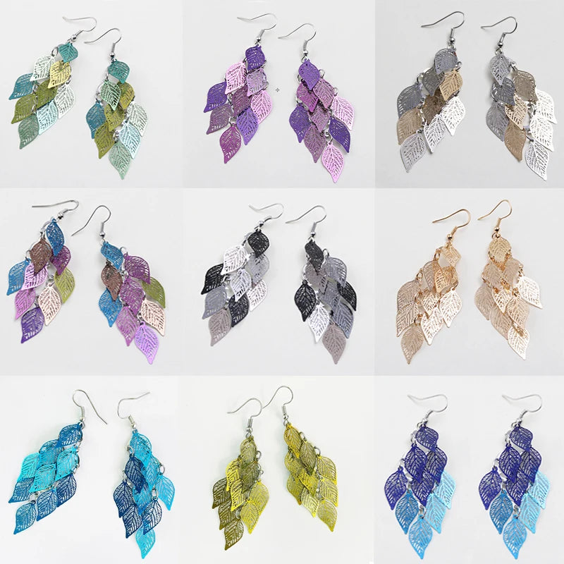 Vintage Hollow Leaves Drop Earrings for Women Bohemian Colorful Long Dangle Earrings 2024 Fashion Jewelry boucle oreille femme