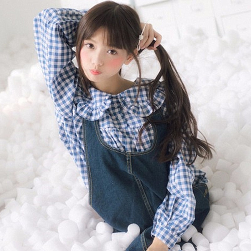 Women Plaid Shirt Long Sleeve Spring Summer Tops Ladies Japanese Mori Girl Peter pan Collar Cute Baby doll Cotton White Blouses