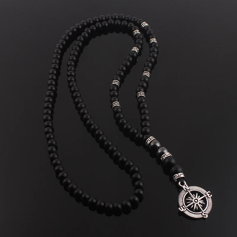 6mm Classic Vintage Black Long Natural Stone Round Beaded Necklace for Men with Compass Pendant Jewelry Gift