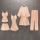 Daeyard Women's Pajamas Silk Floral Overall Print 5Pcs Pajama Set Satin Pyjamas Sexy Lace Pijama Nightie Sleepwear Home Clothes