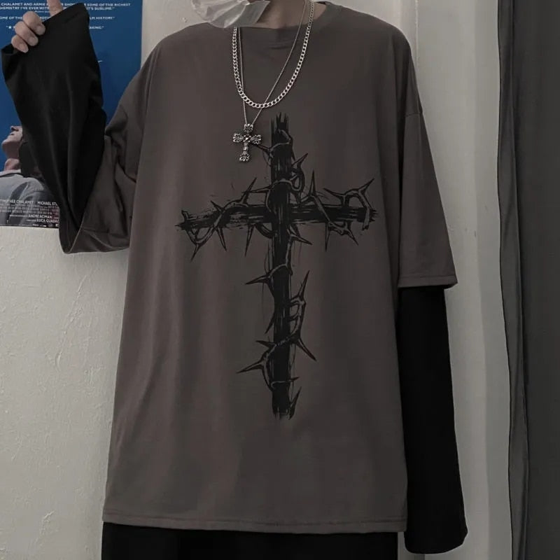 QWEEK Gothic Goth Style Tshirt 2021 Mall Goth Tops Punk Long Sleeve Oversized T-shirt Fake Two-piece Street Fashion Korean Style