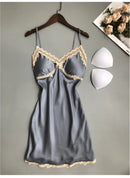 Womens Sexy V-neck Nightwear Femme Satin Sling Shorts Sleepwear Lingerie Lace Sleeveless Underwear Pijama Feminino No chest pad