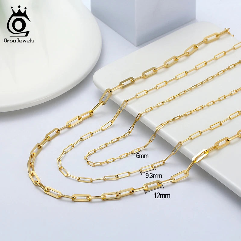 ORSA JEWELS 6mm 9mm 12mm Sizes Paperclip Link Chain Necklace 925 Sterling Silver 14k Gold Chain Man Woman Necklaces as Gift SC39