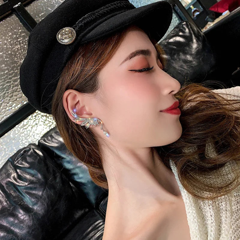 Fashion Angel Wing Full Rhinestone Earrings Popular Leaf Shaped Clear Crystal Earrins For Women Gifts Party Clip Jewelry