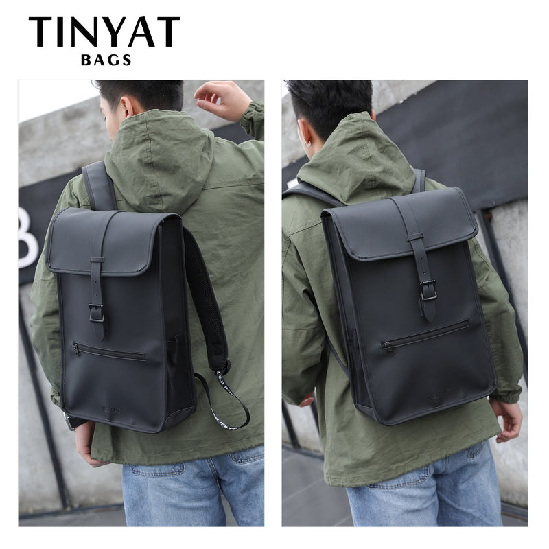 TINYAT New Men's Leather Backpack laptop Backpack for 14 15  inch Waterproof Travel Backpack for School Hiking Finshing Backpack