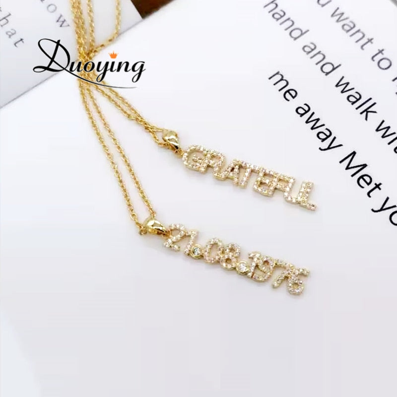 Duoying Personalized Number Necklace Name Necklace Nameplate Chain for Women Stone Chain 6mm Pendant Letters  Zirconia Necklaces