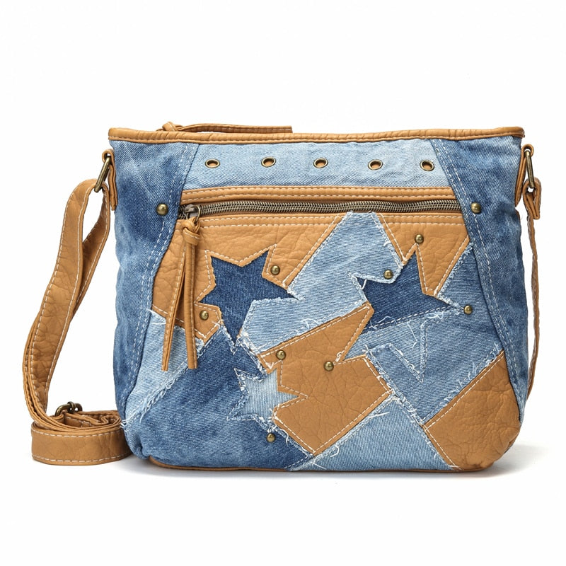 Fashion Women Bags Luxury Handbag Designer Jeans Shoulder Bag Star Patchwork Jeans Bag Soft Washed Leather Crossbody Bag Purse