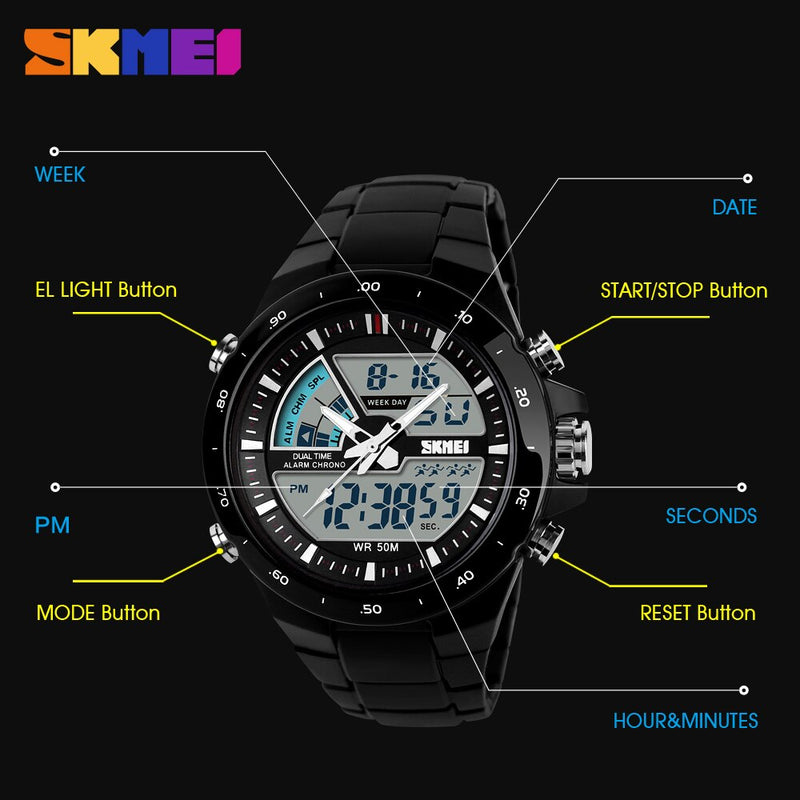 SKMEI 1016 Brand Sport Watch for Men 5Bar Waterproof Stopwatch Dual Display Wristwatches Men&