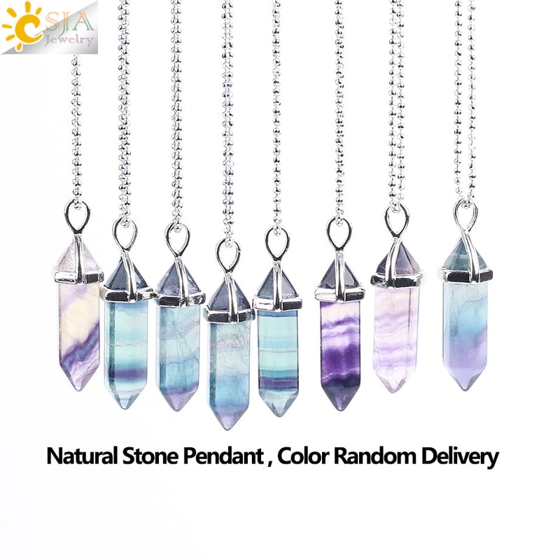 CSJA Natural Fluorite Necklace Pendants Gem Stone Crystal Necklaces Bullet Healing Suspension for Women Men Reiki Jewelry G548