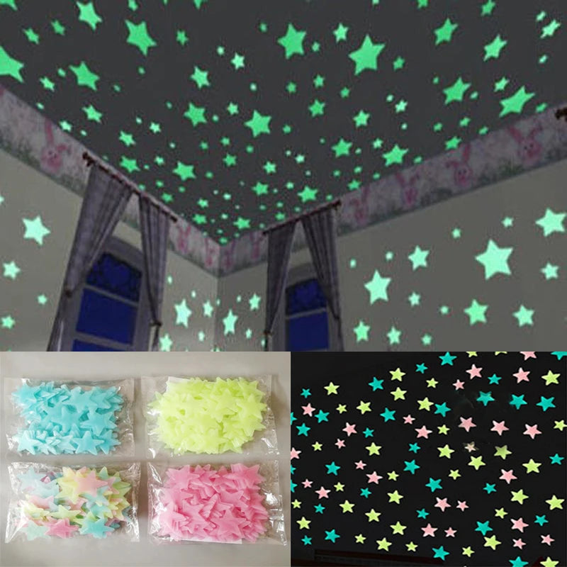 50/100PCS 3D Star Energy Storage Fluorescent Glow In the Dark Luminous on Wall Stickers for Kids Room Living Room Decal