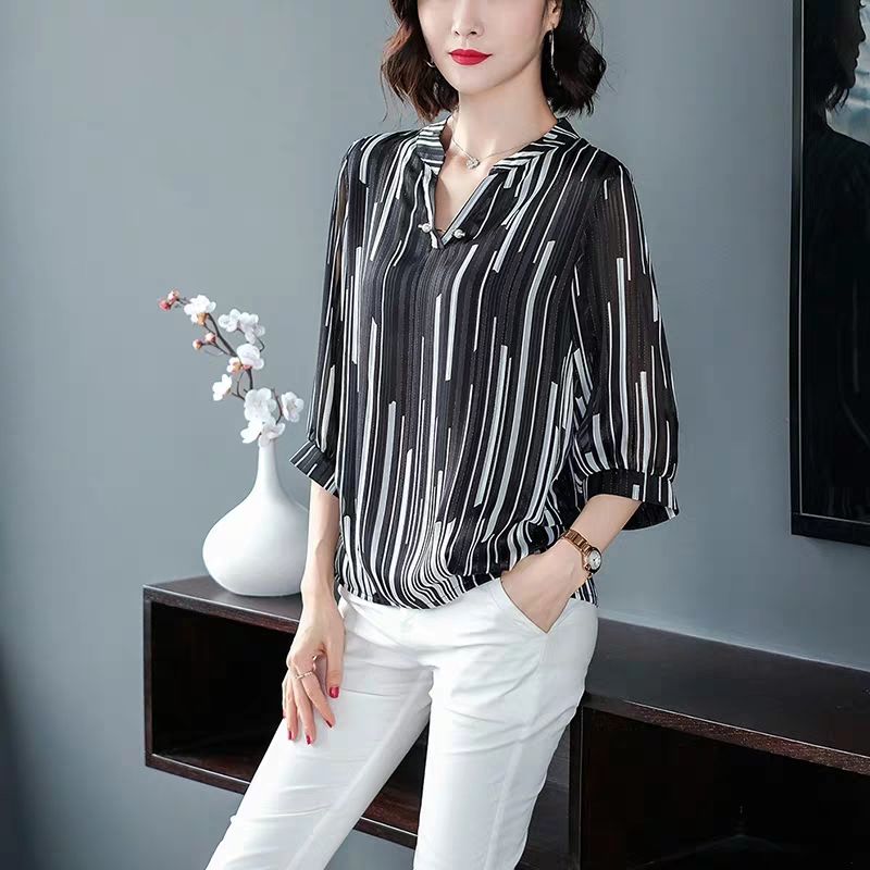 Women&#39;s Spring Summer Style Chiffon Blouses Blouses Shirt Women&#39;s Striped V-neck Three Quarter Sleeve Casual Loose Tops SP015