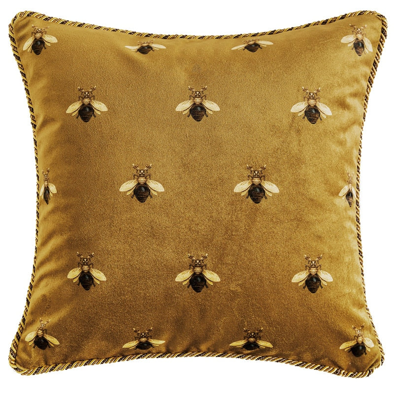 DUNXDECO Cushion Cover Decorative Pillow Case European Luxury Art Gold Yellow Bee Print Velvet Soft Coussin Sofa Chair Cushion