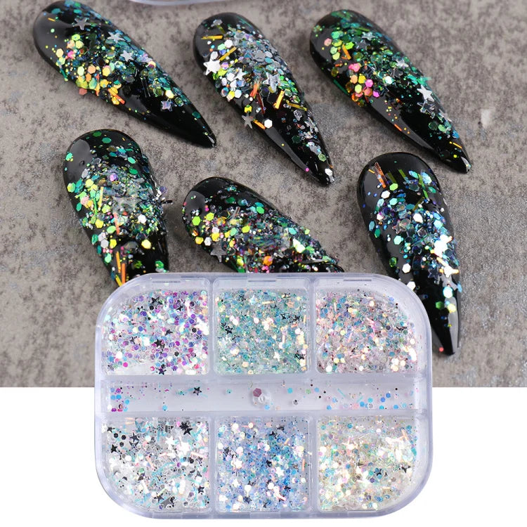 6 Grid Snow Crystal Nail Glitter Powder Sparkly Ice Chrome Flakes Reflective Thin Sequins Autumn Winter Nail Art Decoration LAXR