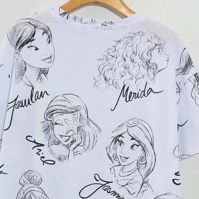 Disney Princess T-Shirt Snow White Cinderella Ariel Belle Cartoon Print Women T-Shirt O-Neck Short Sleeve Cotton Tee Tops Female