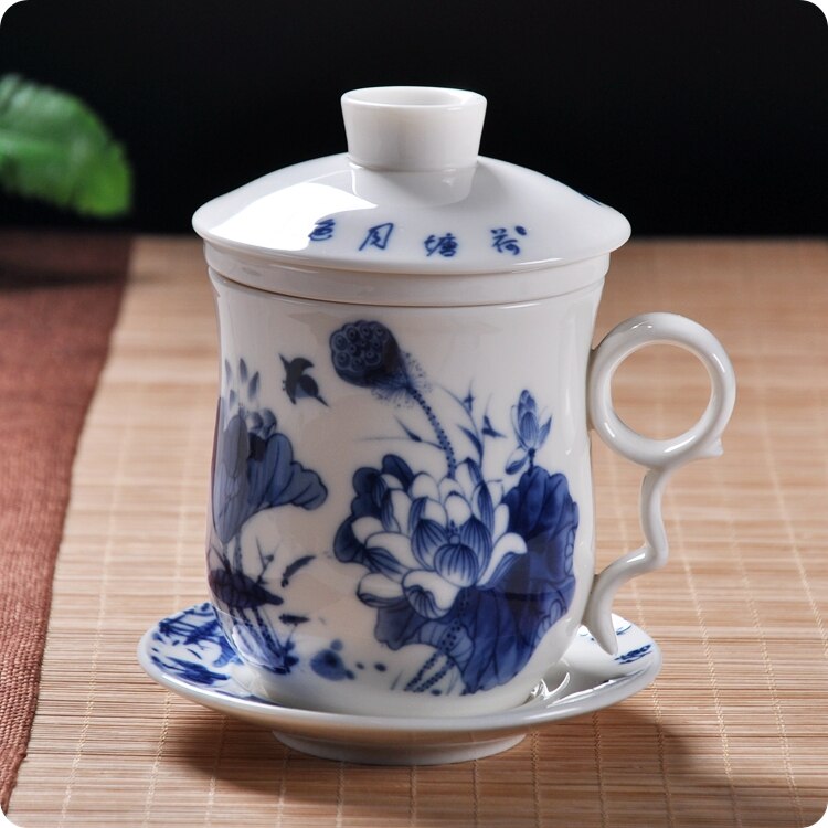 Blue and white porcelain ceramic office four-piece cup with lid including filter equipment personal lunch cup gift conference