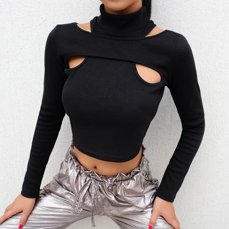 Rockmore Korean Style Harajuku Buckle Women Turtleneck Long Sleeve T Shirt Femme Basic T-shirt Hollow Out Gothic Cotton Crop Top