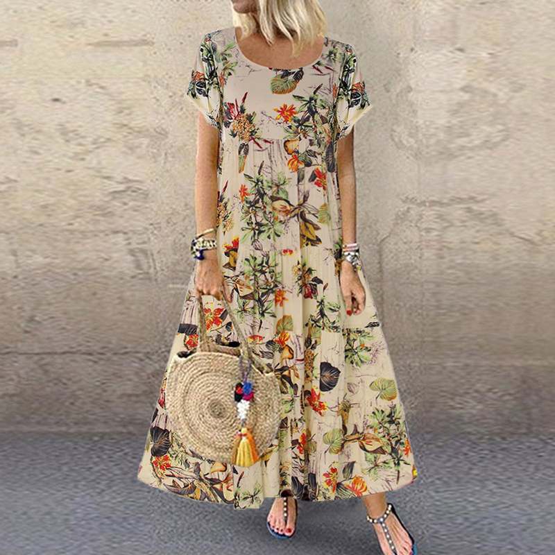 ZANZEA 2023 Summer Dress Women Vintage Floral Printed Short Sleeve Sundress Ladies Bohemian Party Long Vestido Robe Loose Dress