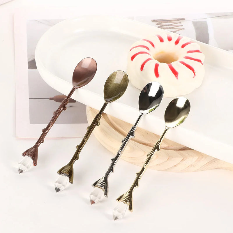 Vintage Coffee Spoon Forest Branch Leaves Cute Teaspoon Crystal Milk Spoon Ice-Cream Sugar Cake Spoon Kitchen Accessories