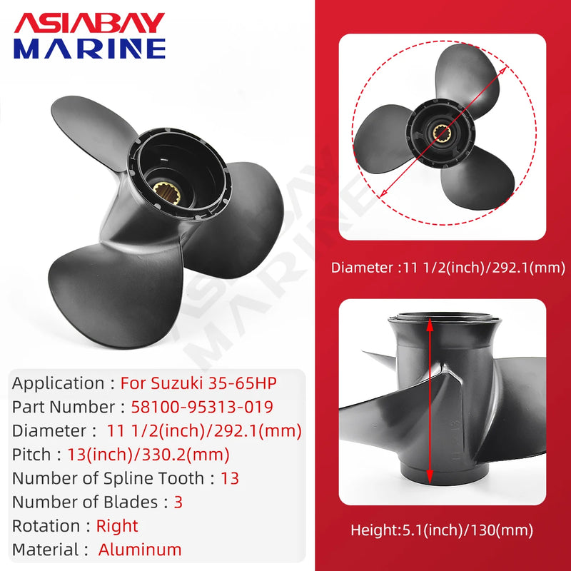 11 1/2x13 For Suzuki Outboard Propeller 35hp 40hp 50hp 55hp 60hp 65hp Boat Engine Aluminum Screw 3 Blade 13 Spline 11 1/2*13