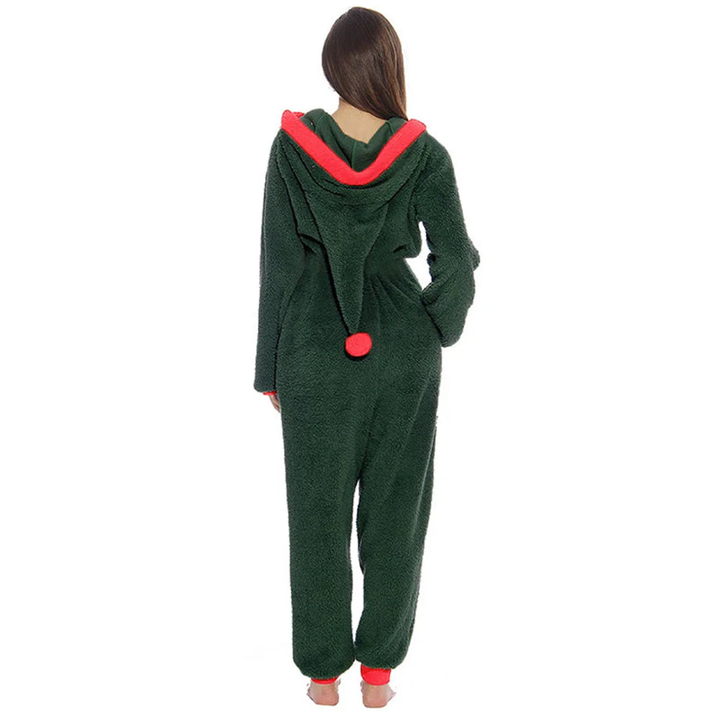 Women Christmas Long Sleeve Hooded Jumpsuits with Zipper Lady Fall Winter Warm Fleece Rompers Festival Holiday Loungewear 2022