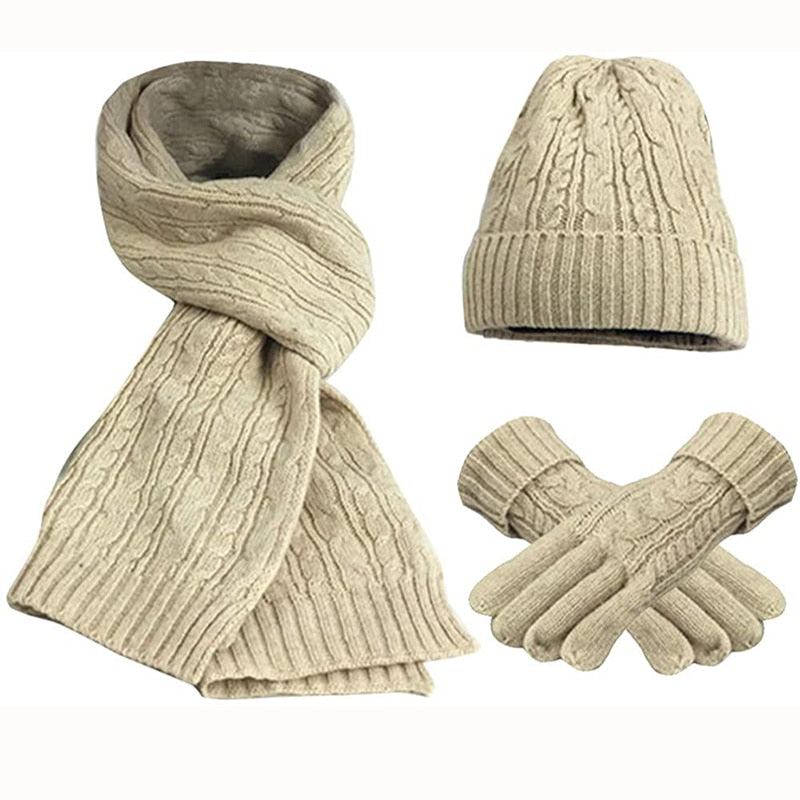 Womens Scarf Sets Winter Hat Scarf Gloves Knitted Keep Warm Scarves Simple Solid Color Clothes Accessories Thick Soft Scarf Set