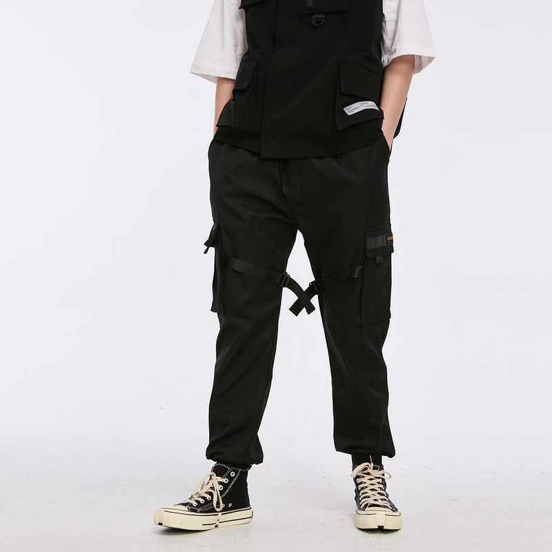 LACIBLE Hip Hop Cargo Pants Ribbons Men Black Streetwear Harajuku Techwear Tactical Pants Trousers Harem Joggers Sweatpants Punk