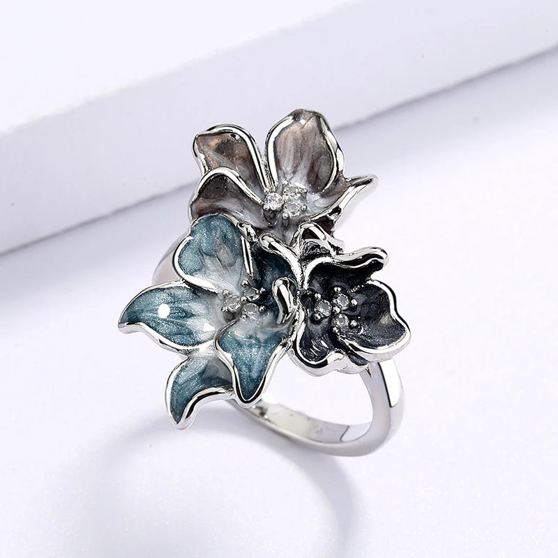 2021 Newest Creative Handmade Epoxy Enamel Blue Flower Ring For Ladies Party Birthday Wedding Jewelry Gift
