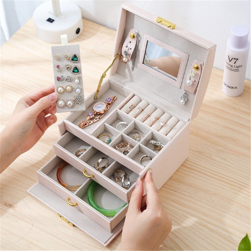 WE Bling PU Travel Portable Locked Jewelry Storage Box Three-layer Makeup Organizer Ring Earring Necklace Pouch Case Accessories