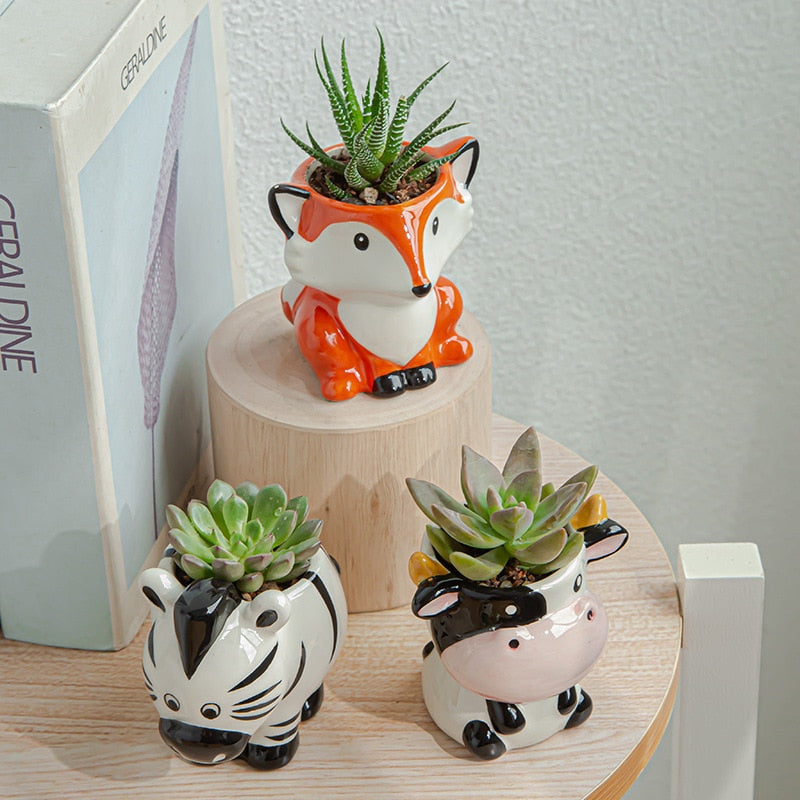 Nordic New Style Ceramic Animal Flower Pot Cartoon Zebra Sheep Cow Head Mini Pot Succulents Plants Bonsai Pots Home Decoration