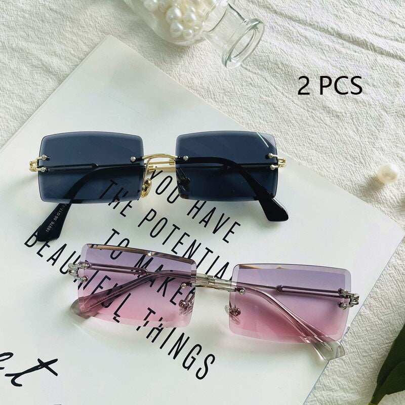 HBK Blue Rimless Sunglasses Women 2021 Retro Style Small Rectangle Gold Red Metal Chain Sun Glasses Square Frameless For Men