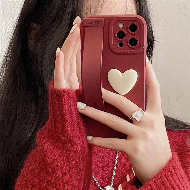 3D Love heart Wrist Band Holder Stand Bracket Matte Soft Case For iPhone 15 14 13 11 12 Pro Max XR X XS 7 8 Plus 13 MiNi Cover