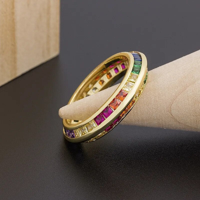 Top Quality Copper Zircon Rings Fashion Gold Color Party Jewelry 4 Sizes Choice For Women Couples Colorful Wedding Rings Gift