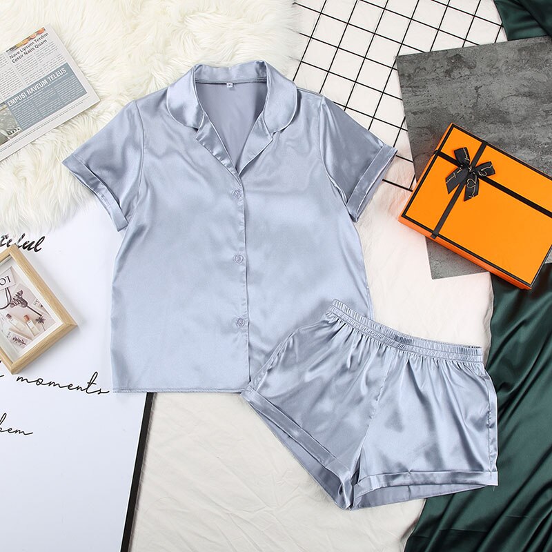 Suphis 5 Colors Satin Nightshirt With Shorts Nightwear Suit Silk Pyjama Short Sleeve Casual Pajama Sets Women Sleepwear Summer