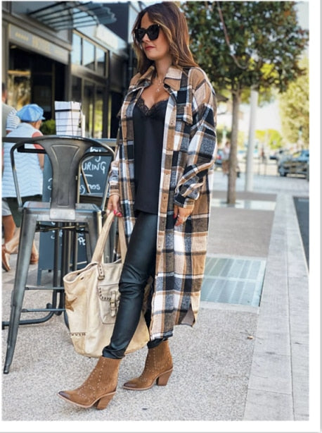 Women's Fashion Long Plaid Coat Autumn Shirt Coat Woolen Coat Streetwear Women Clothing Loose Coat Female Casual Jacket