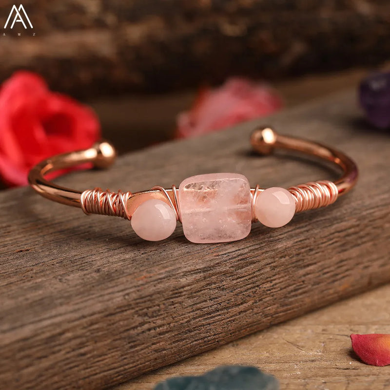 Natural Quartz Stone Beads Gold Bracelets Women Citrines Roses Quartz Chip Beads Open Cuff Bangles Bracelets Friendship Jewelry