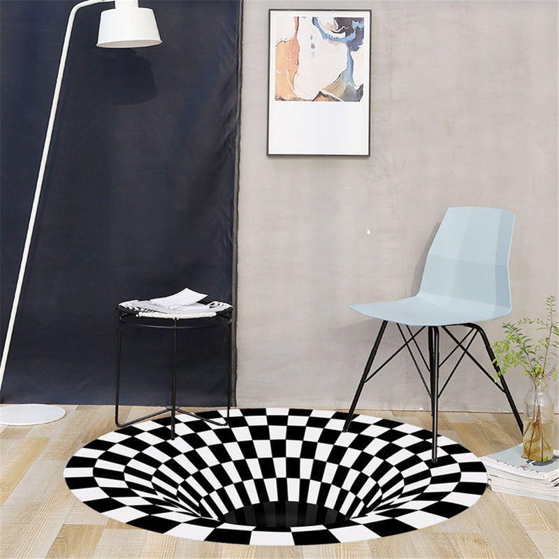 3D Carpet Round Floormat Black White Grid Carpet 3D Illusion Vortex Room Bedroom Anti-Slip Floor Mats Home Carpet Rugs