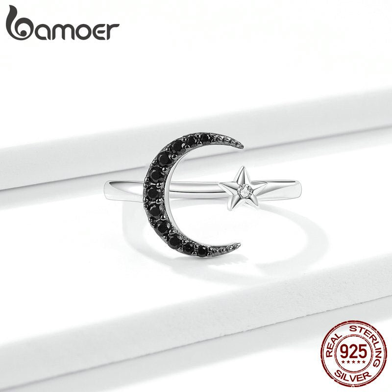 Bamoer 925 Sterling Silver Star and Moon Adjustable Ring Clear and Black CZ Opening Finger Ring for Women Fine Jewelry BSR137