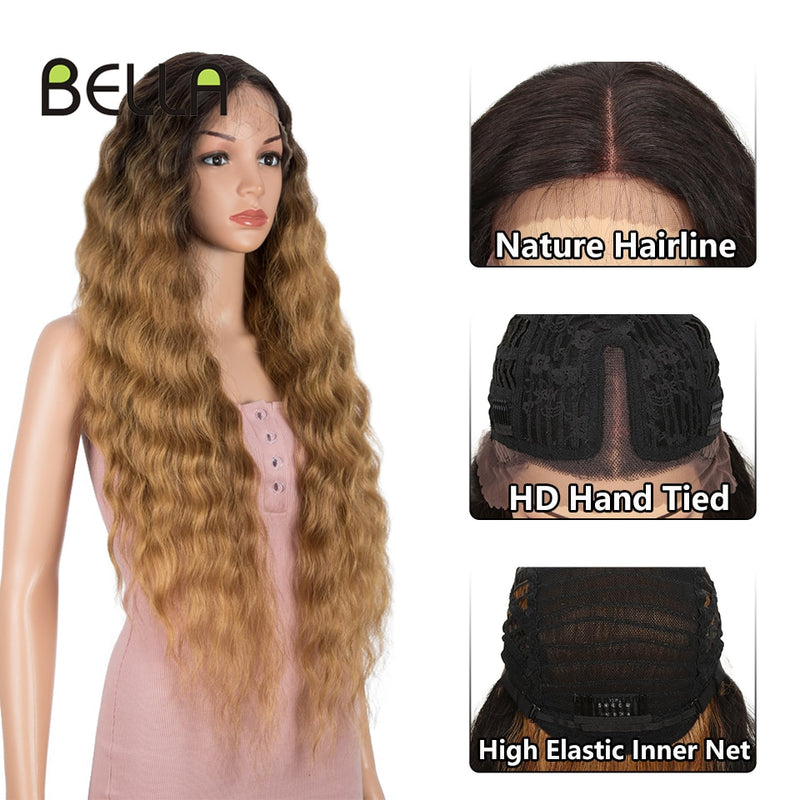 BELLA Lace Wigs Synthetic Deep Wave Curly Synthetic Lace Front Wig Blonde Wig Pink 30 Inch Hair Wigs For Black Women Cosplay