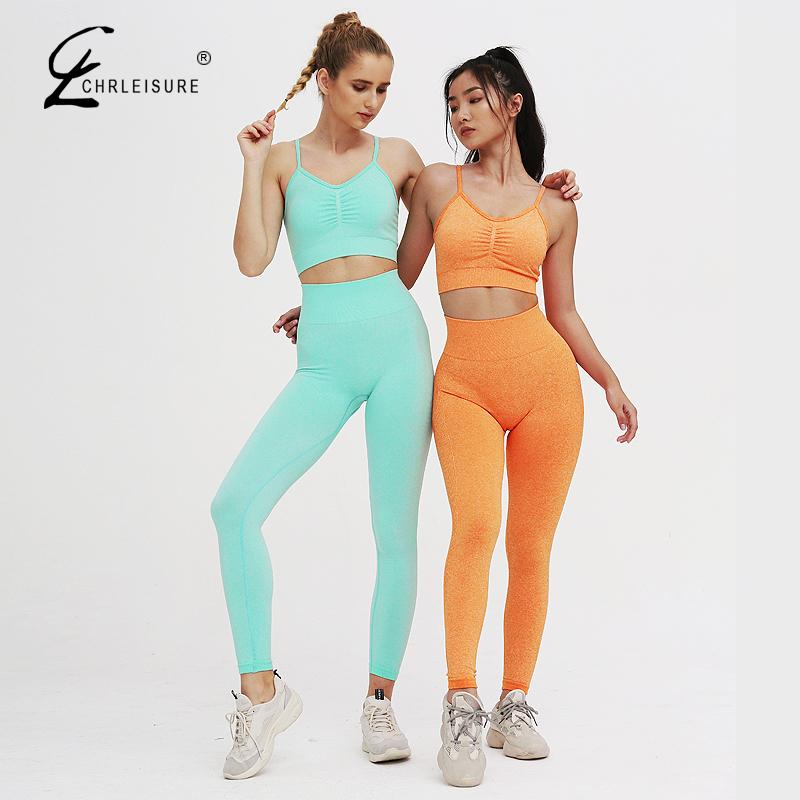Solid Seamless Gym Two Piece Set Women High Stretchy Tracksuit Women Sports High Waist Leggings Workout Pants Sets Women